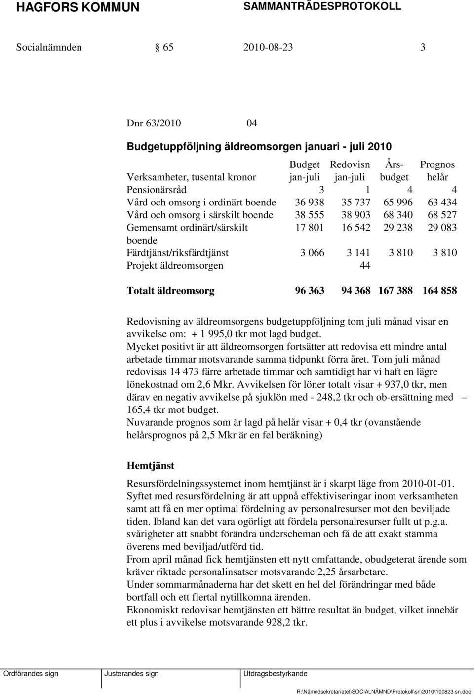 Färdtjänst/riksfärdtjänst 3 066 3 141 3 810 3 810 Projekt äldreomsorgen 44 Totalt äldreomsorg 96 363 94 368 167 388 164 858 Redovisning av äldreomsorgens budgetuppföljning tom juli månad visar en