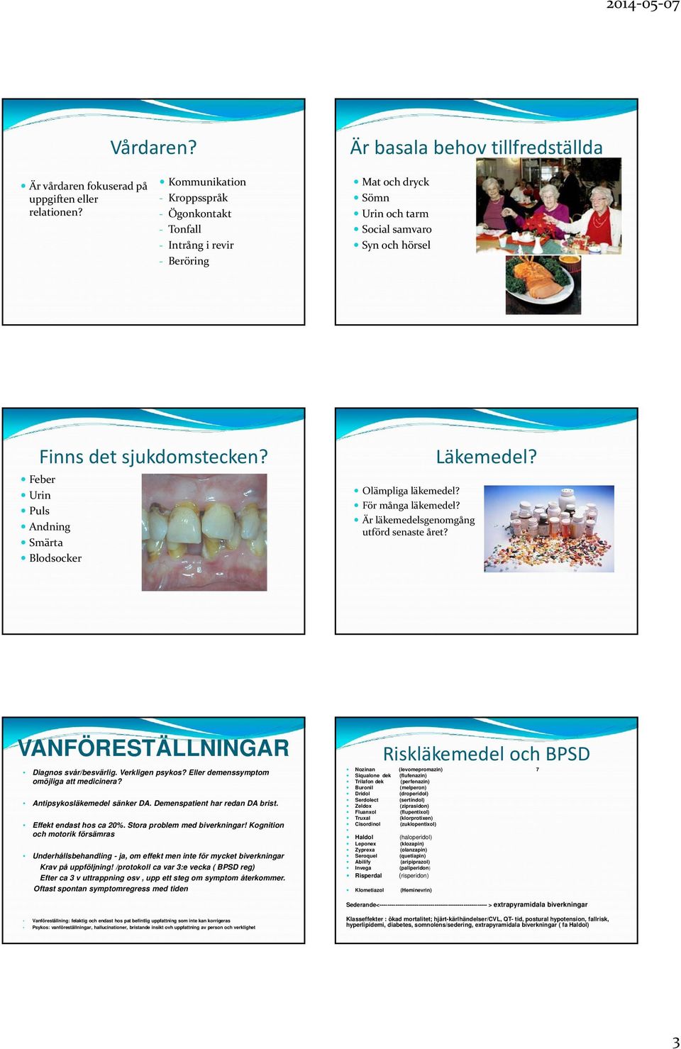 Andning Smärta Blodsocker Olämpliga läkemedel? För många läkemedel? Är läkemedelsgenomgång utförd senaste året? Läkemedel? VANFÖRESTÄLLNINGAR Diagnos svår/besvärlig. Verkligen psykos?