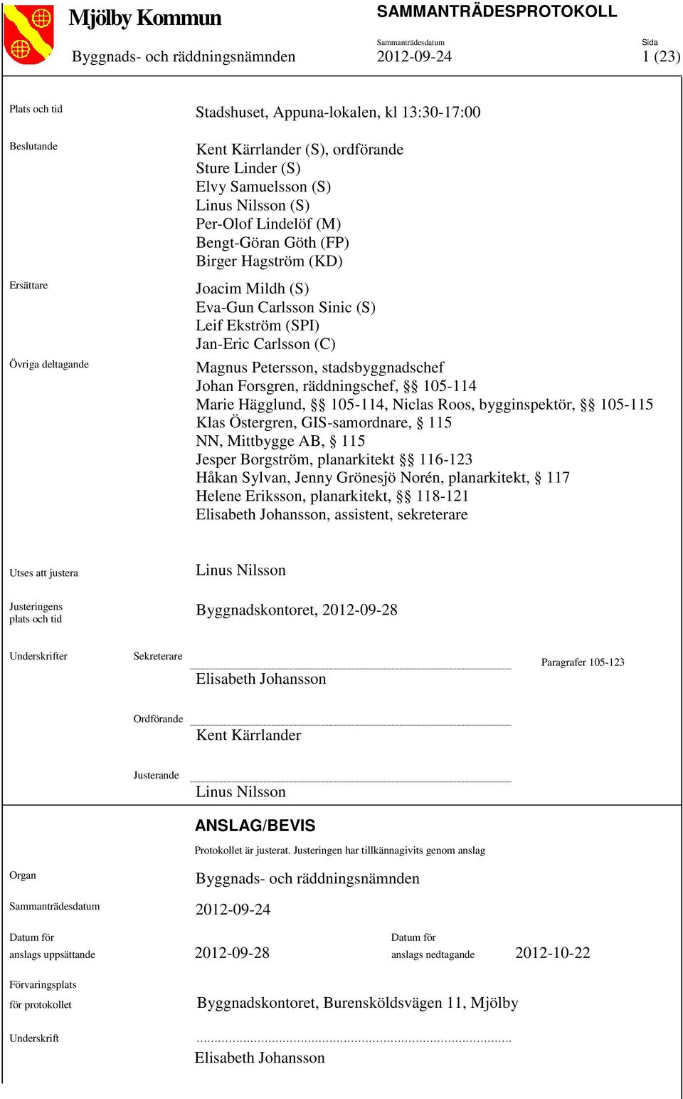 Petersson, stadsbyggnadschef Johan Forsgren, räddningschef, 105-114 Marie Hägglund, 105-114, Niclas Roos, bygginspektör, 105-115 Klas Östergren, GIS-samordnare, 115 NN, Mittbygge AB, 115 Jesper
