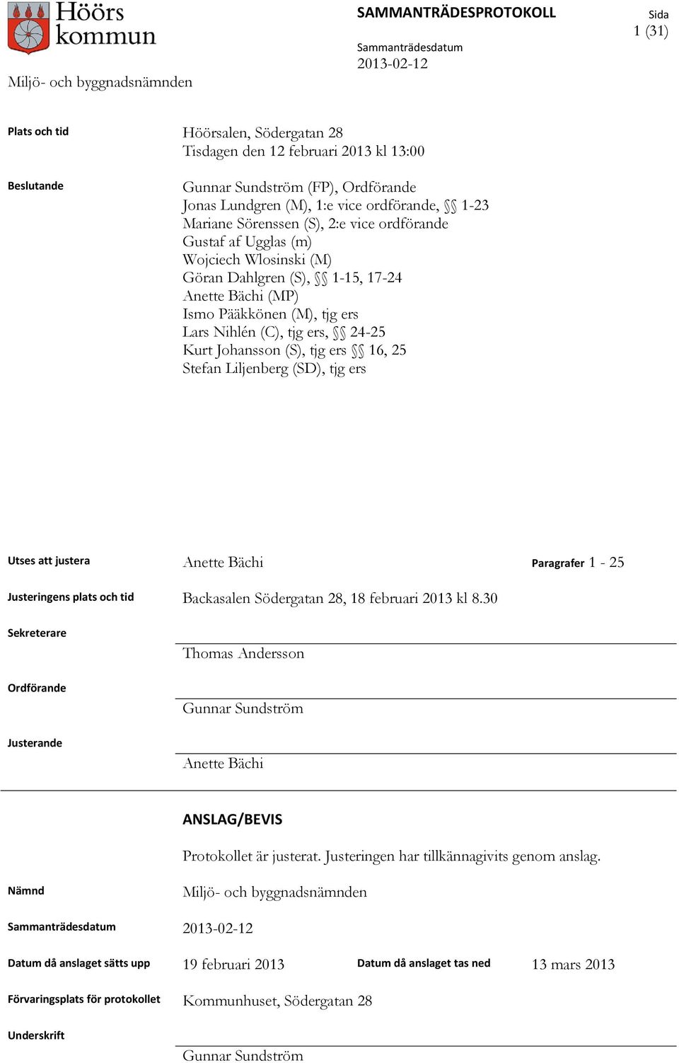 16, 25 Stefan Liljenberg (SD), tjg ers Utses att justera Anette Bächi Paragrafer 1-25 Justeringens plats och tid Backasalen Södergatan 28, 18 februari 2013 kl 8.