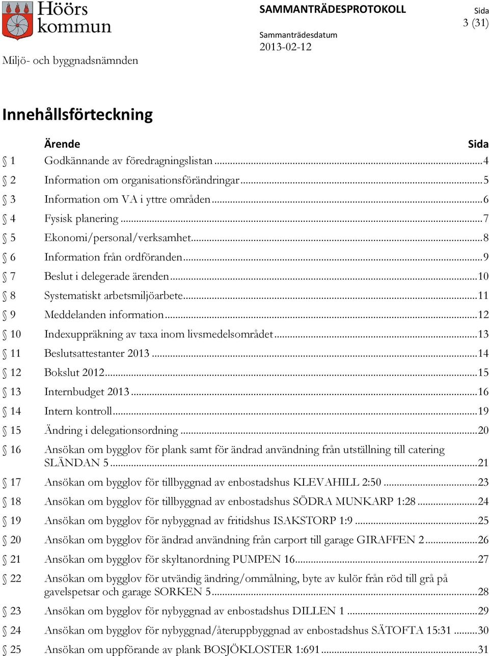 .. 12 10 Indexuppräkning av taxa inom livsmedelsområdet... 13 11 sattestanter 2013... 14 12 Bokslut 2012... 15 13 Internbudget 2013... 16 14 Intern kontroll... 19 15 Ändring i delegationsordning.