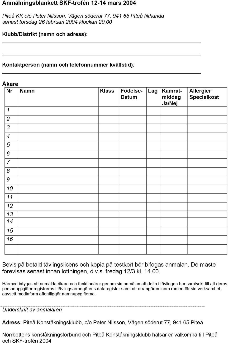 14 15 16 Bevis på betald tävlingslicens och kopia på testkort bör bifogas anmälan. De måste förevisas senast innan lottningen, d.v.s. fredag 12/3 kl. 14.00.