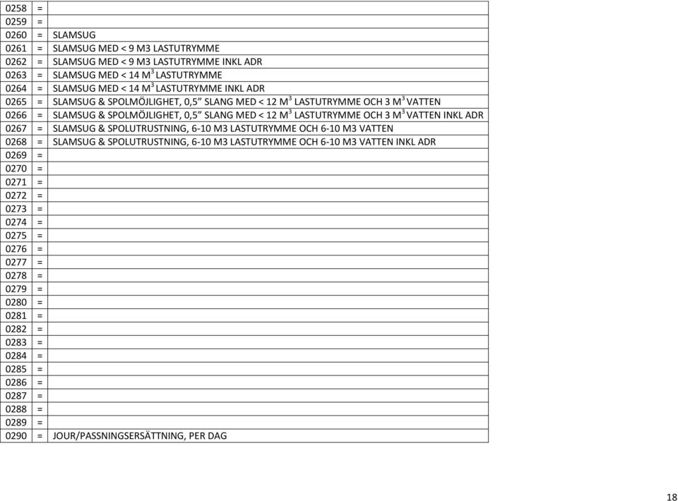 M 3 VATTEN INKL ADR 0267 = SLAMSUG & SPOLUTRUSTNING, 6-10 M3 LASTUTRYMME OCH 6-10 M3 VATTEN 0268 = SLAMSUG & SPOLUTRUSTNING, 6-10 M3 LASTUTRYMME OCH 6-10 M3 VATTEN INKL ADR 0269 =