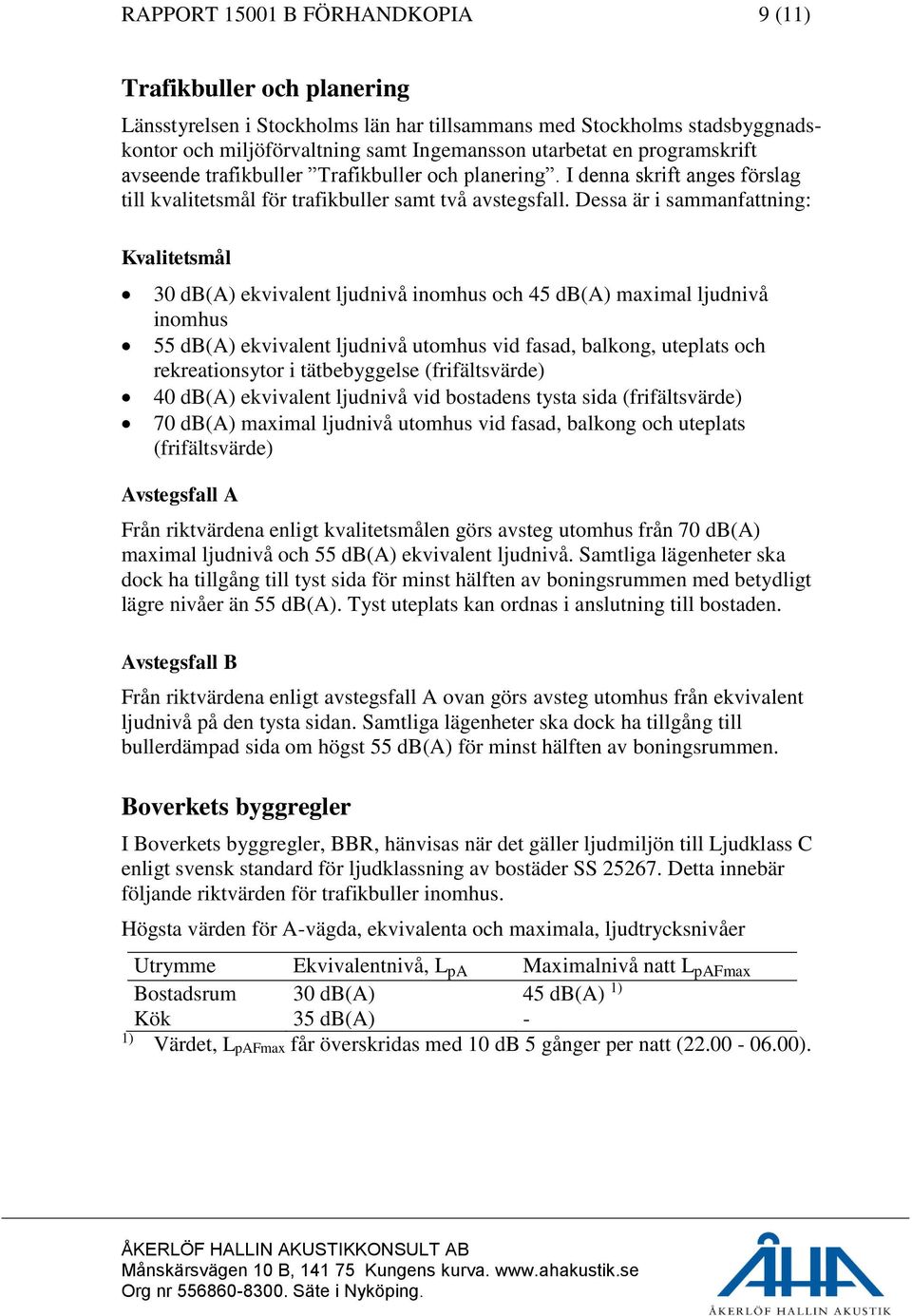 Dessa är i sammanfattning: Kvalitetsmål 30 db(a) ekvivalent ljudnivå inomhus och 45 db(a) maximal ljudnivå inomhus 55 db(a) ekvivalent ljudnivå utomhus vid fasad, balkong, uteplats och