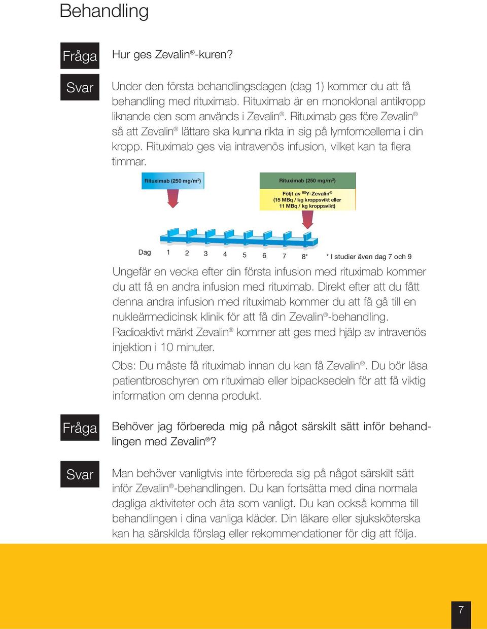 Rituximab (250 mg/m 2 ) Rituximab (250 mg/m 2 ) Följt av 90 Y-Zevalin (15 MBq / kg kroppsvikt eller 11 MBq / kg kroppsvikt) Dag 1 2 3 4 5 6 7 8* * I studier även dag 7 och 9 Ungefär en vecka efter