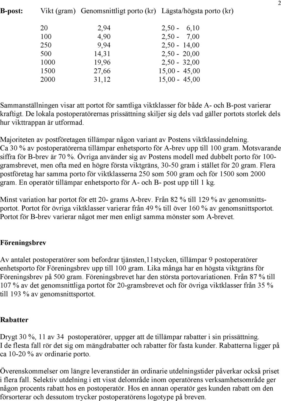 De lokala postoperatörernas prissättning skiljer sig dels vad gäller portots storlek dels hur vikttrappan är utformad.