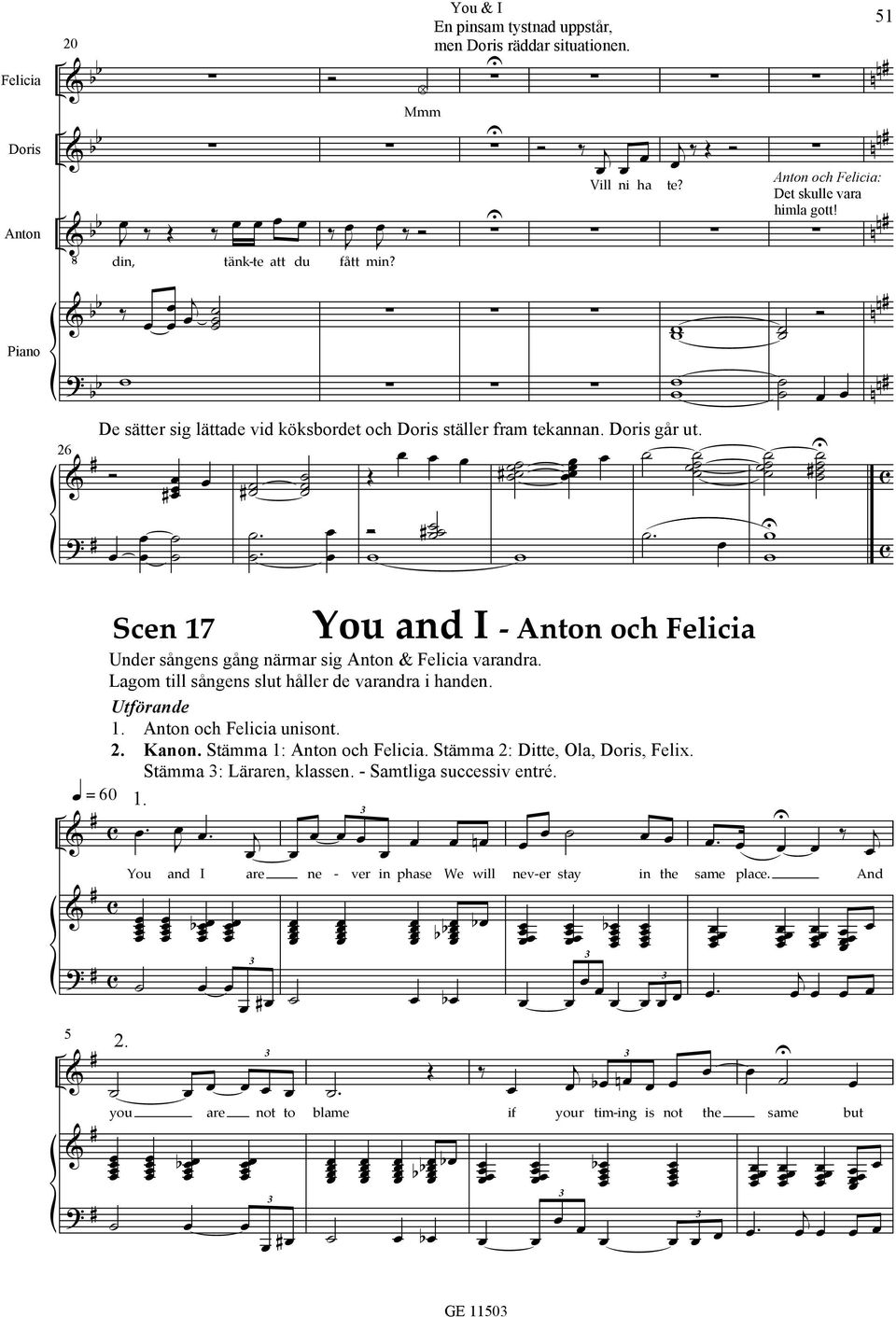 You and I are You and I Anton och Felicia nder sångens gång närmar sig Anton Felicia varandra. Lagom till sångens slut håller de varandra i handen. tförande 1. Anton och Felicia unisont. 2. Kanon.