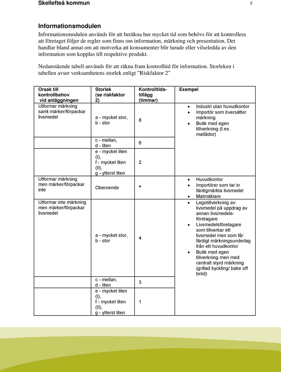 Nedanstående tabell används för att räkna fram kontrolltid för information.
