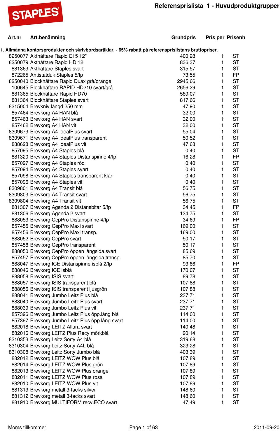 Rapid Duax grå/orange 2945,66 1 ST 100645 Blockhäftare RAPID HD210 svart/grå 2656,29 1 ST 881365 Blockhäftare Rapid HD70 589,07 1 ST 881364 Blockhäftare Staples svart 817,66 1 ST 8315004 Brevkniv