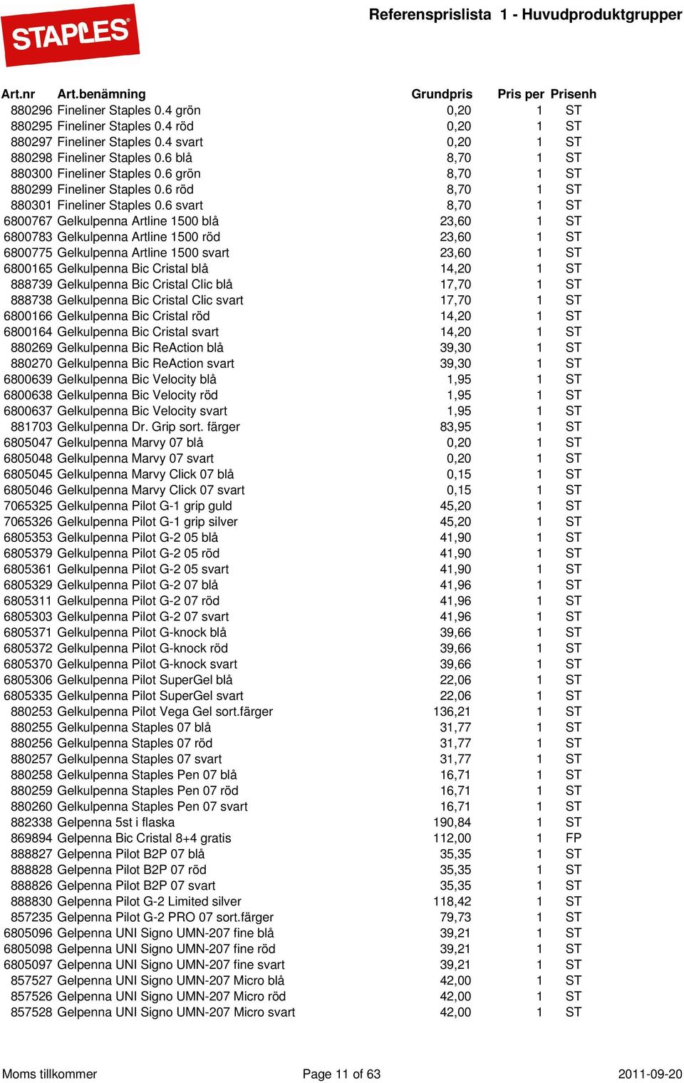 6 svart 8,70 1 ST 6800767 Gelkulpenna Artline 1500 blå 23,60 1 ST 6800783 Gelkulpenna Artline 1500 röd 23,60 1 ST 6800775 Gelkulpenna Artline 1500 svart 23,60 1 ST 6800165 Gelkulpenna Bic Cristal blå