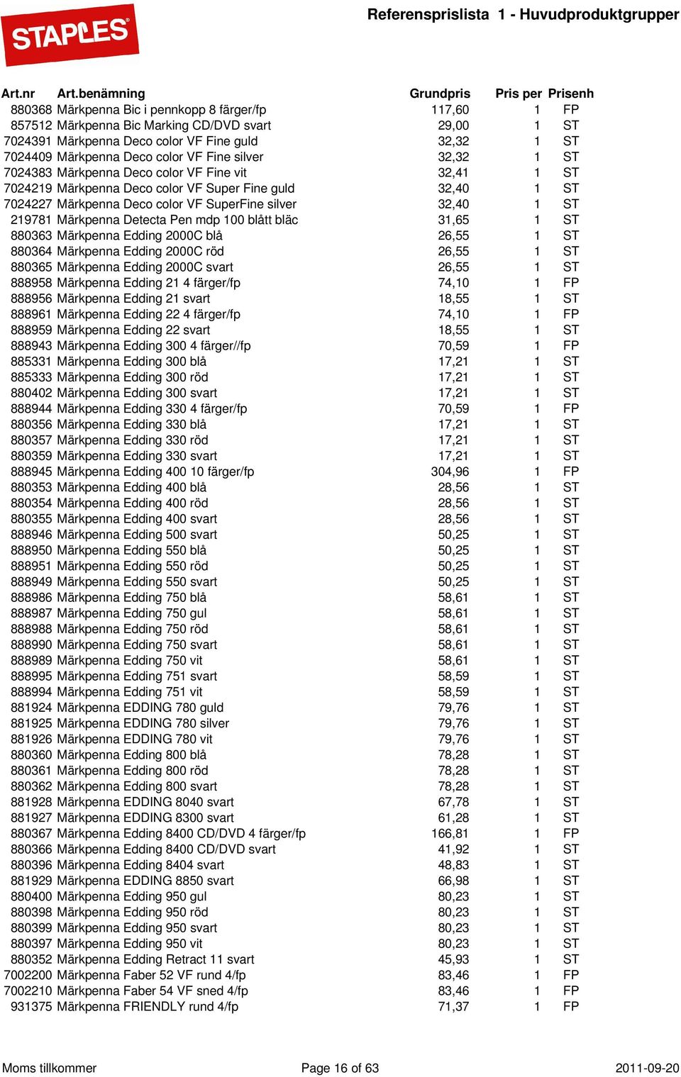 Märkpenna Detecta Pen mdp 100 blått bläc 31,65 1 ST 880363 Märkpenna Edding 2000C blå 26,55 1 ST 880364 Märkpenna Edding 2000C röd 26,55 1 ST 880365 Märkpenna Edding 2000C svart 26,55 1 ST 888958