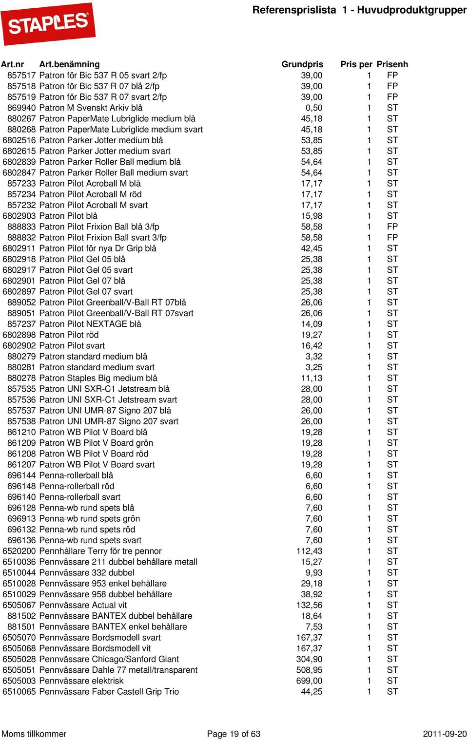 medium svart 53,85 1 ST 6802839 Patron Parker Roller Ball medium blå 54,64 1 ST 6802847 Patron Parker Roller Ball medium svart 54,64 1 ST 857233 Patron Pilot Acroball M blå 17,17 1 ST 857234 Patron