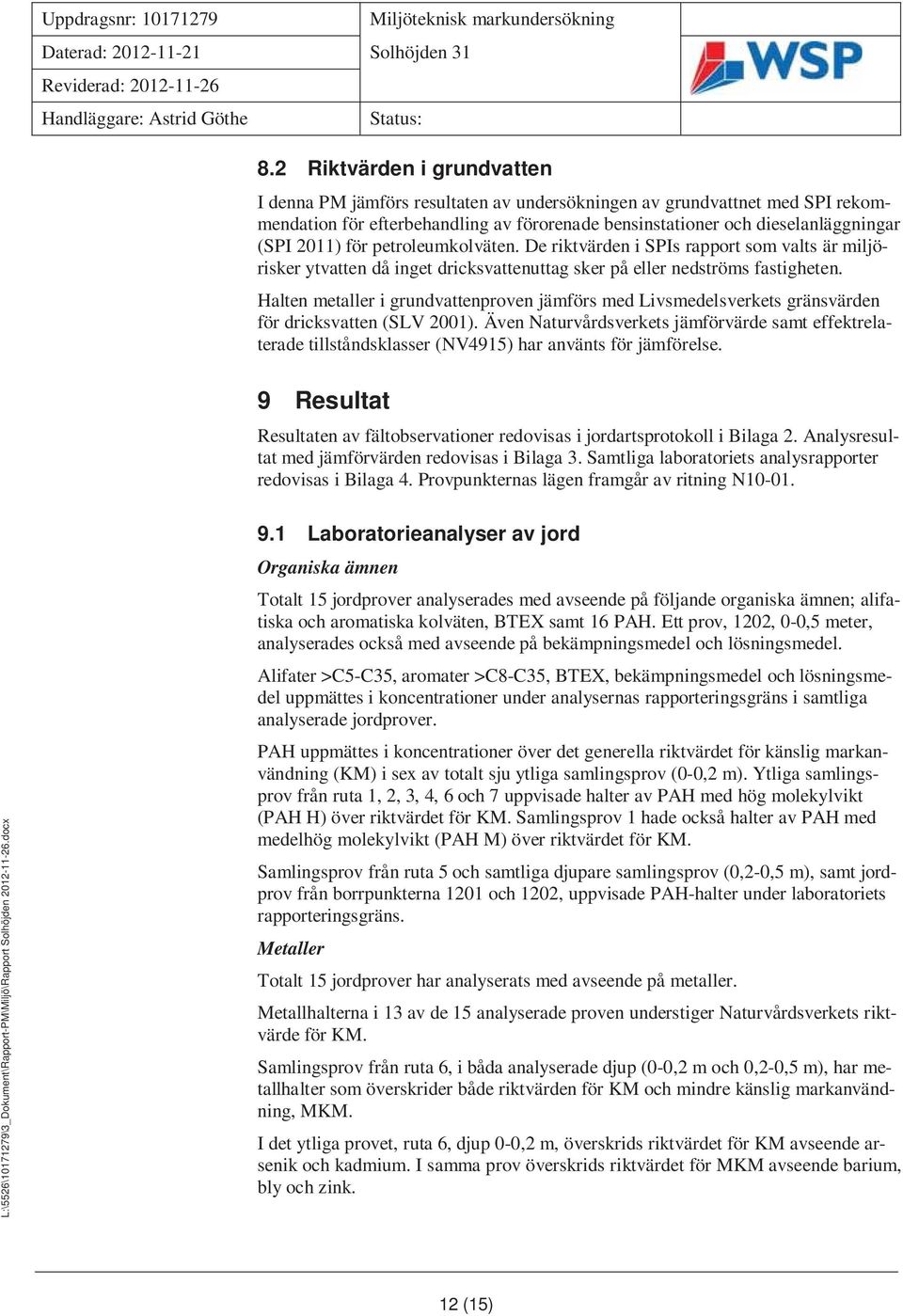 Halten metaller i grundvattenproven jämförs med Livsmedelsverkets gränsvärden för dricksvatten (SLV 2001).