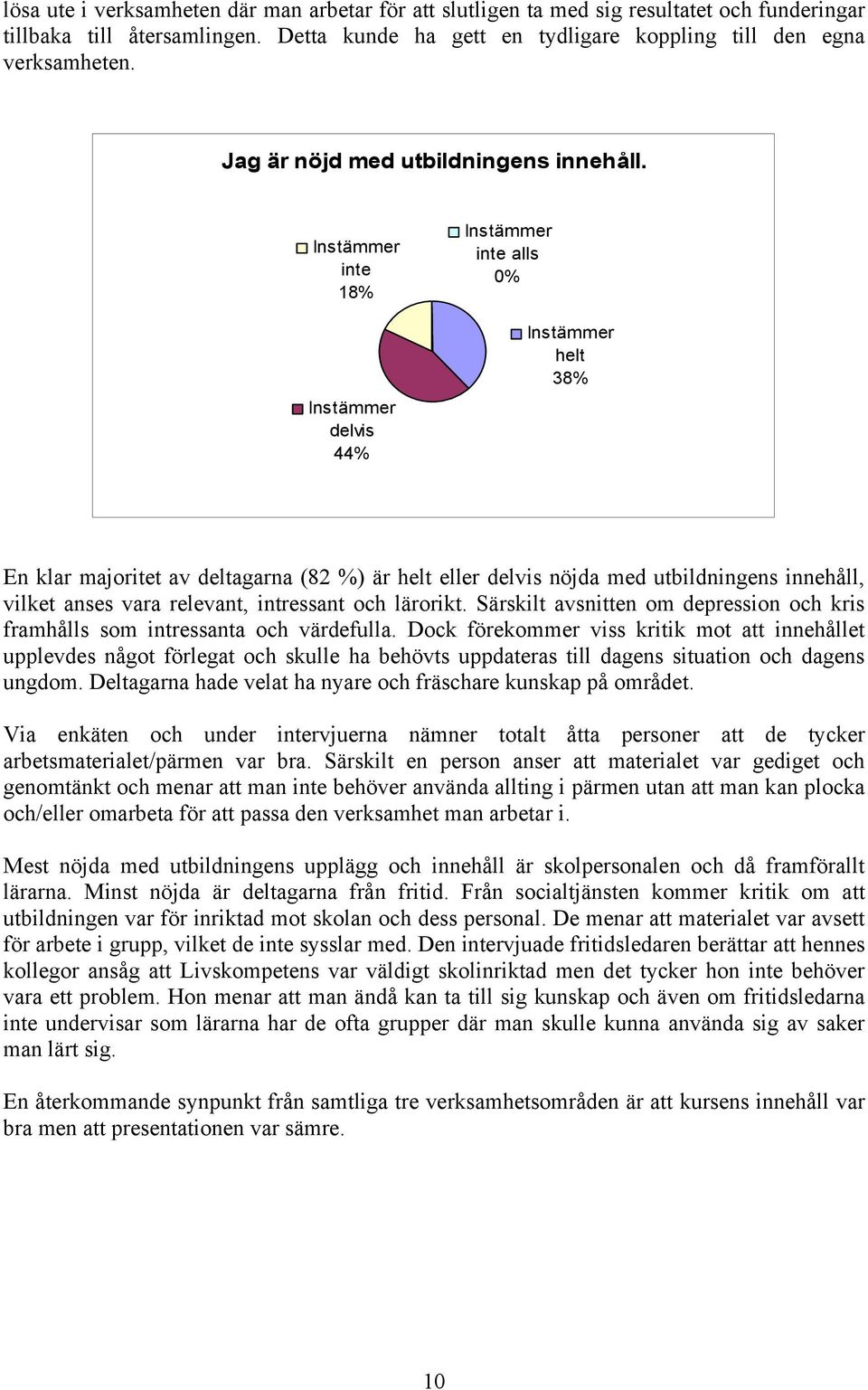 inte 18% delvis 44% inte alls 0% helt 38% En klar majoritet av deltagarna (82 %) är helt eller delvis nöjda med utbildningens innehåll, vilket anses vara relevant, intressant och lärorikt.