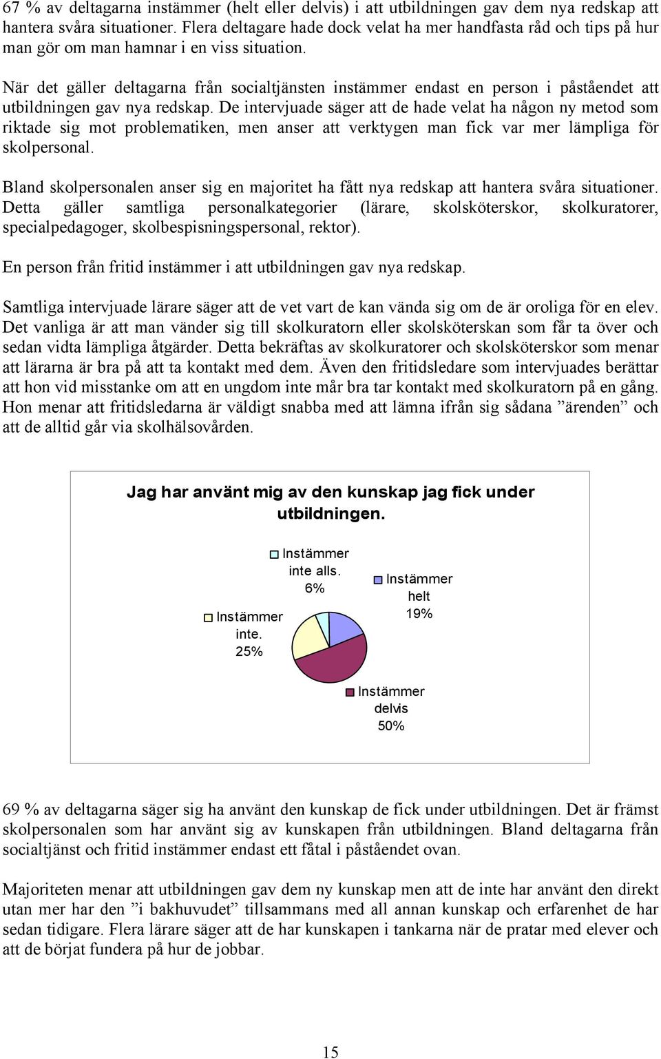 När det gäller deltagarna från socialtjänsten instämmer endast en person i påståendet att utbildningen gav nya redskap.
