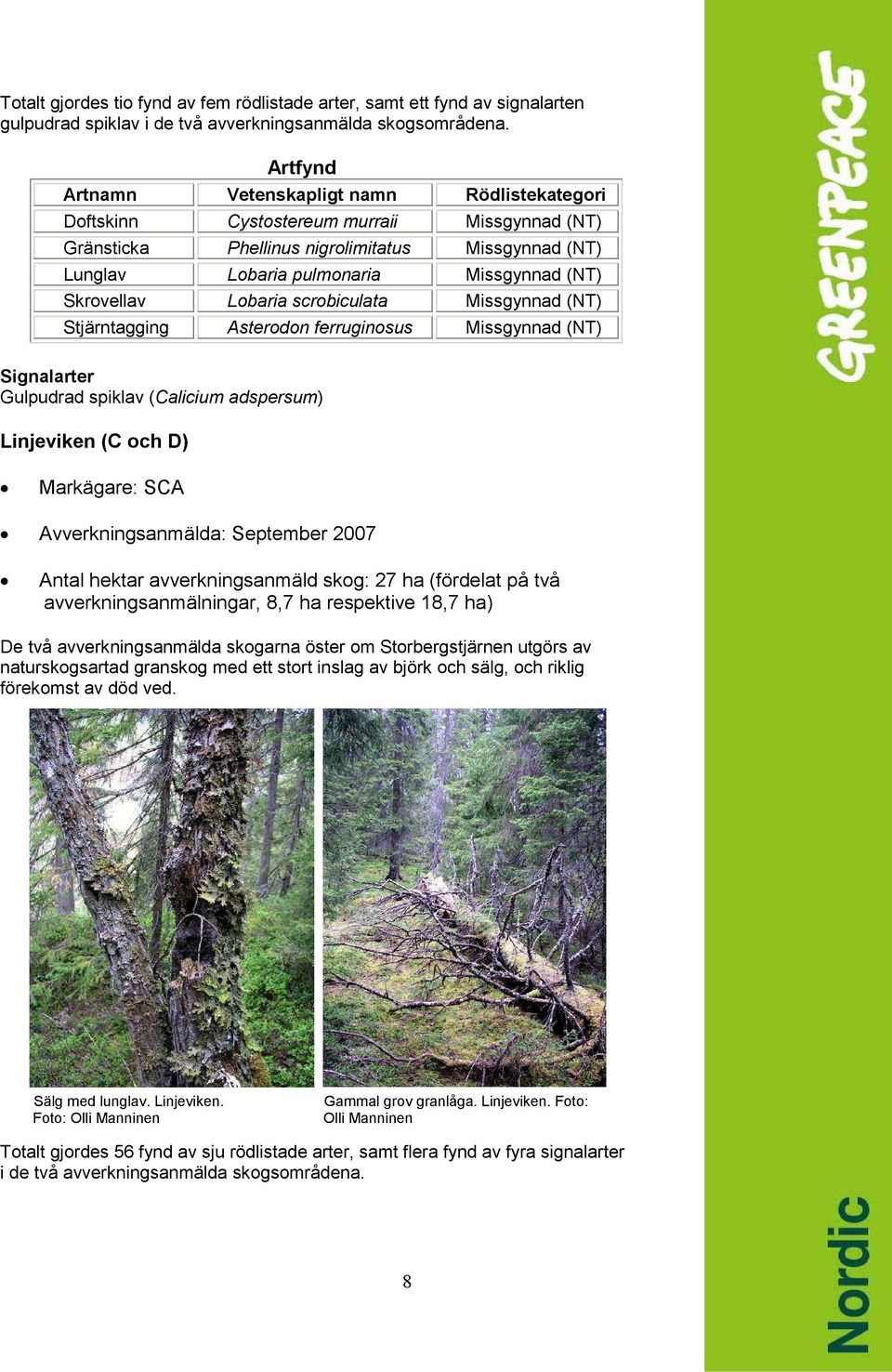 ferruginosus Gulpudrad spiklav (Calicium adspersum) Linjeviken (C och D) Markägare: SCA Avverkningsanmälda: September 2007 Antal hektar avverkningsanmäld skog: 27 ha (fördelat på två