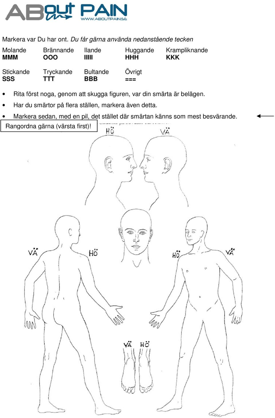 HHH KKK Stickande Tryckande Bultande Övrigt SSS TTT BBB === Rita först noga, genom att skugga figuren,