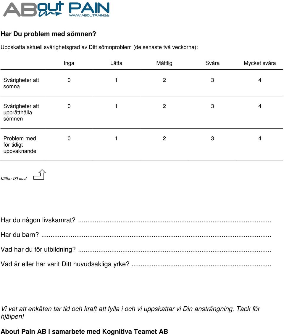 0 1 2 3 4 Svårigheter att upprätthålla sömnen 0 1 2 3 4 Problem med för tidigt uppvaknande 0 1 2 3 4 Källa: ISI mod Har du någon livskamrat?