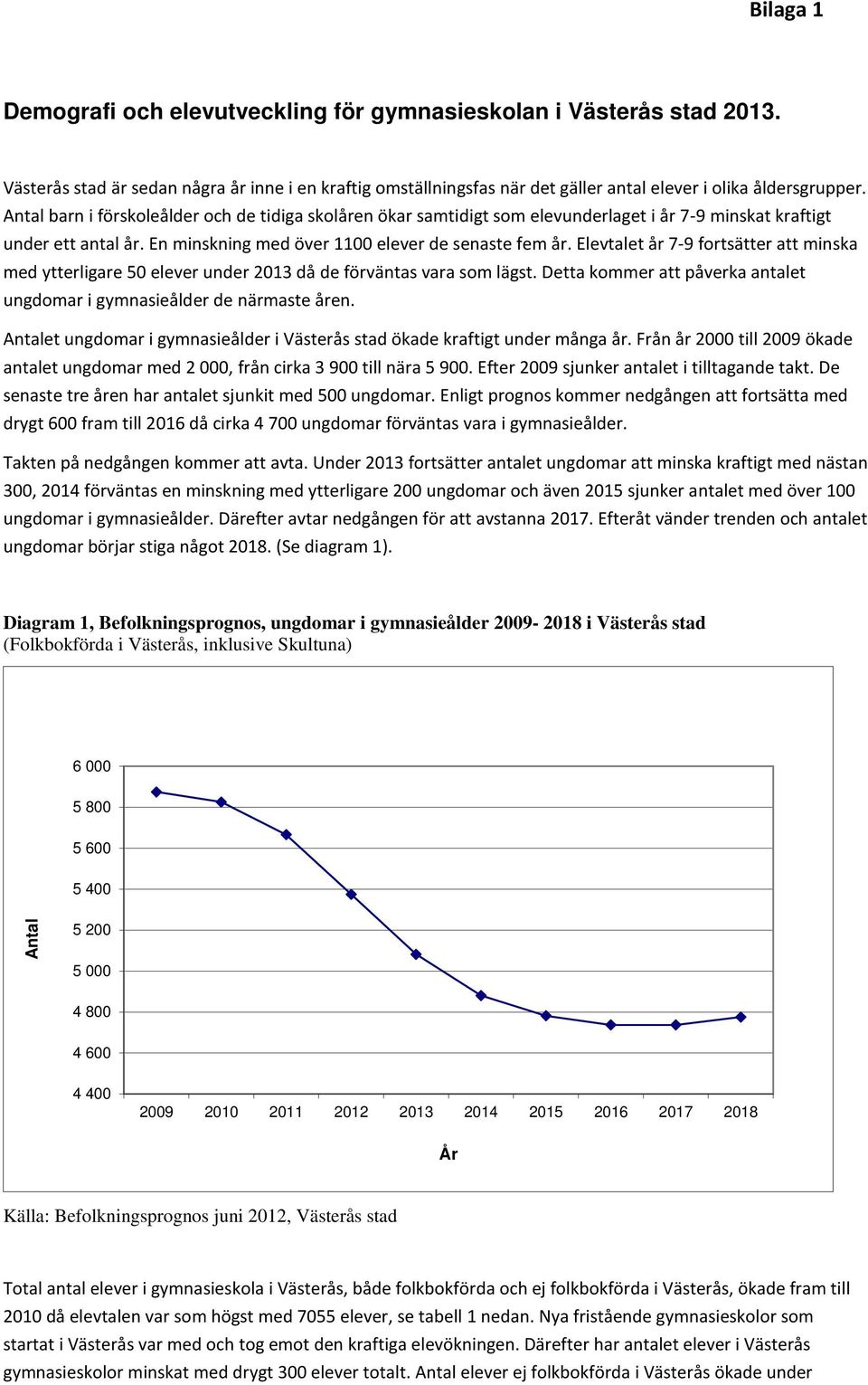 Elevtalet år 7-9 fortsätter att minska med ytterligare 50 elever under 2013 då de förväntas vara som lägst. Detta kommer att påverka antalet ungdomar i gymnasieålder de närmaste åren.