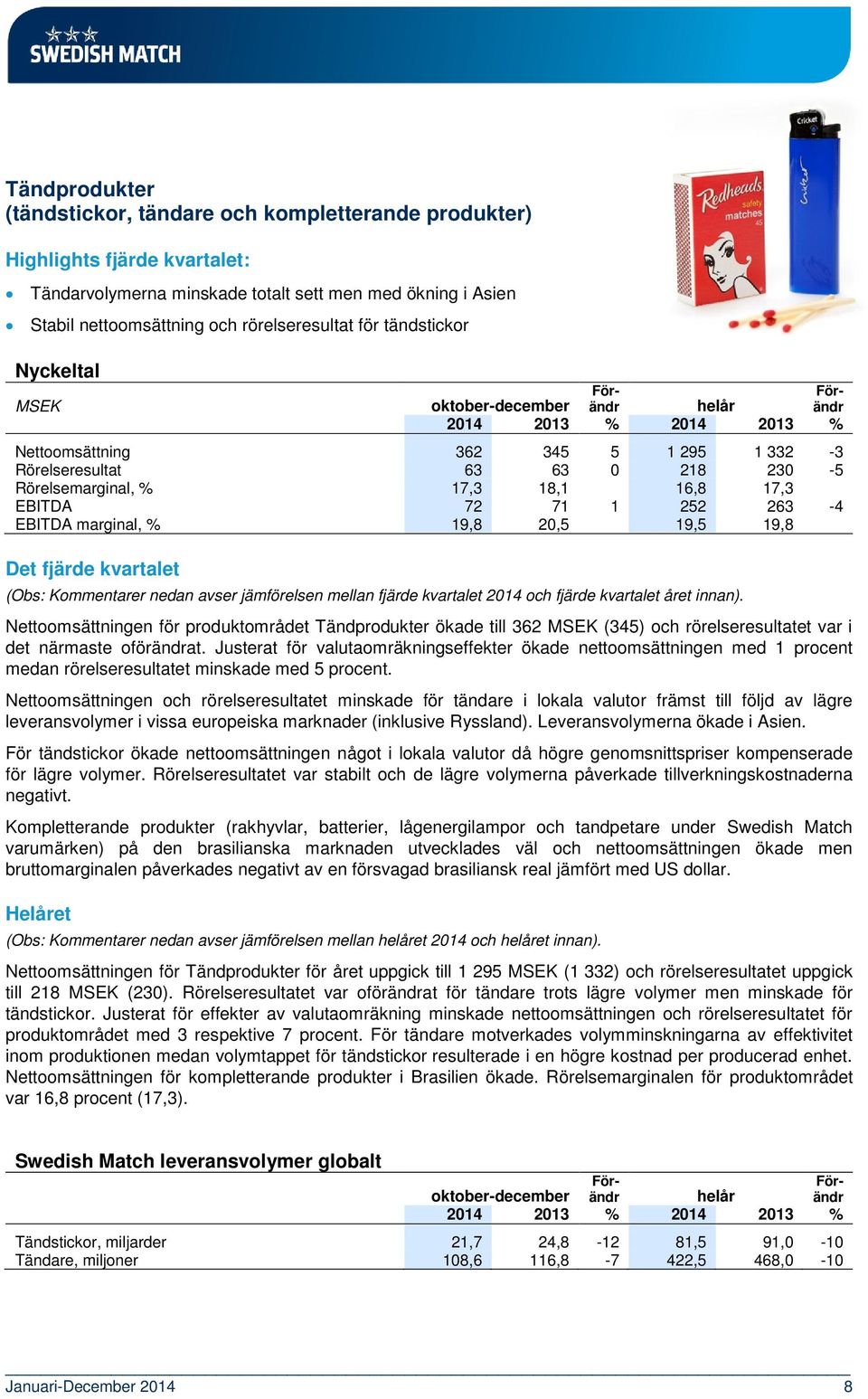 19,8 Det fjärde kvartalet (Obs: Kommentarer nedan avser jämförelsen mellan fjärde kvartalet 2014 och fjärde kvartalet året innan).