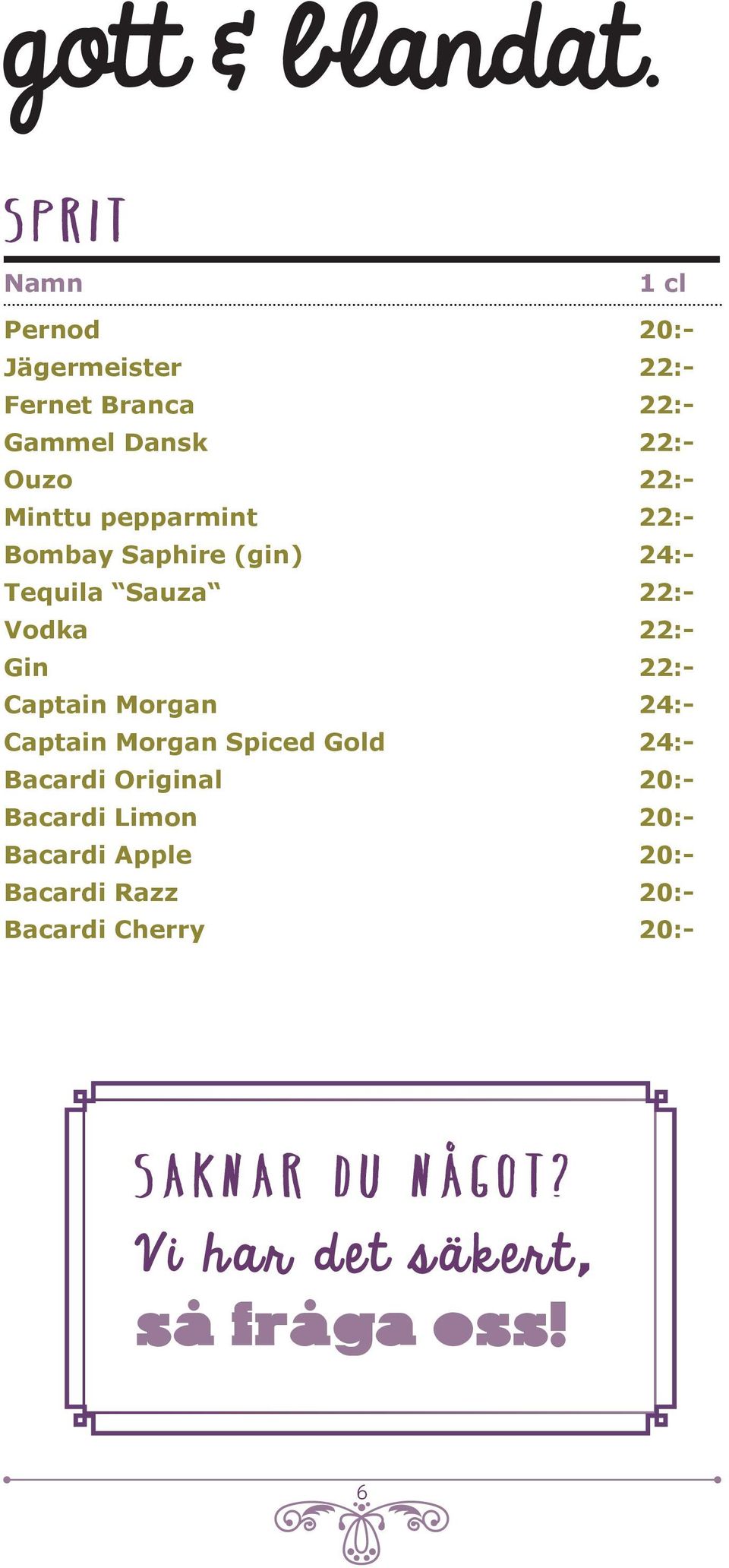 pepparmint 22:- Bombay Saphire (gin) 24:- Tequila Sauza 22:- Vodka 22:- Gin 22:- Captain Morgan