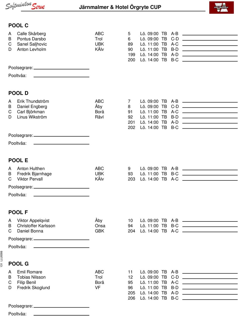 14:00 TB A-D 202 Lö. 14:00 TB B-C POOL E A Anton Hulthen ABC B Fredrik Bjarnhage UBK C Viktor Pervall KÄlv 9 Lö. 09:00 TB A-B 93 Lö. 11:00 TB B-C 203 Lö.