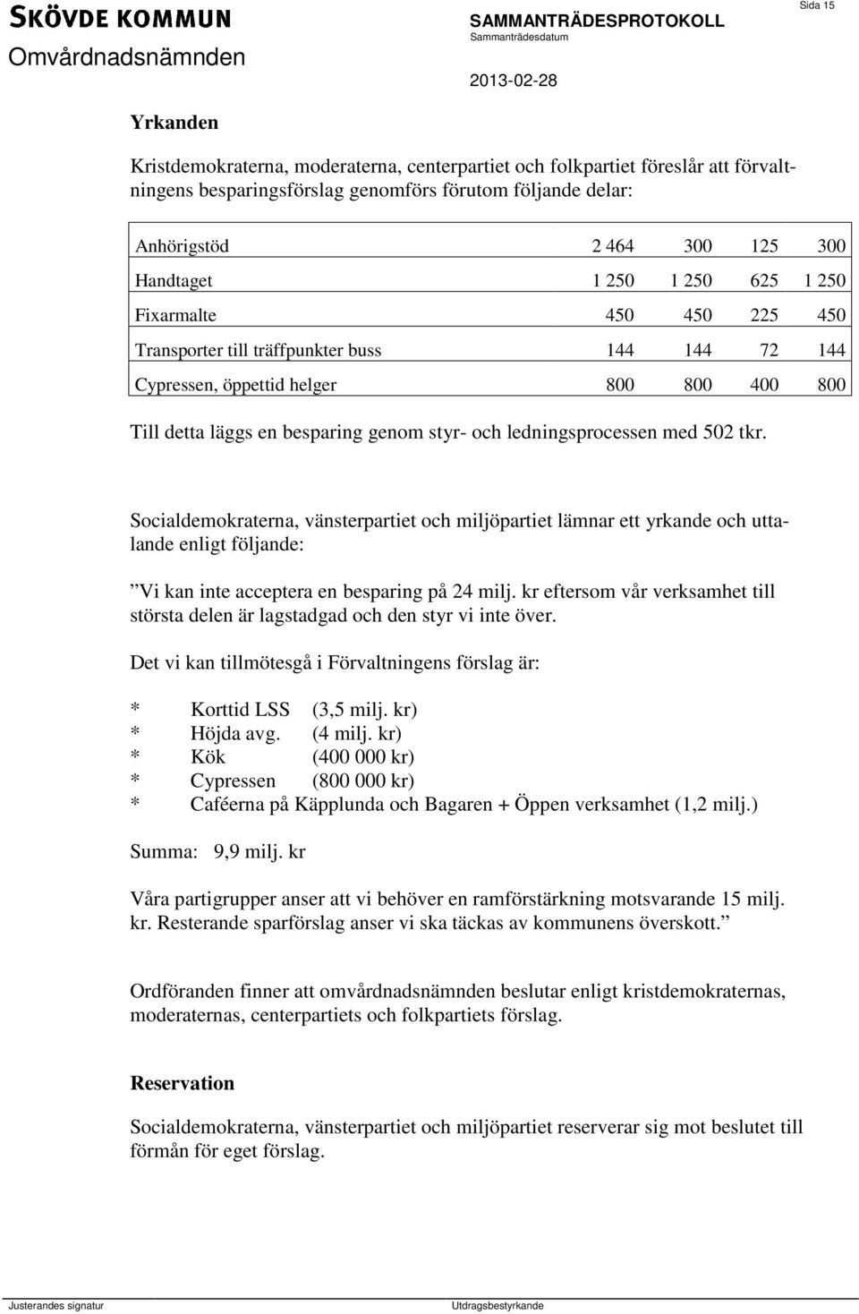 ledningsprocessen med 502 tkr. Socialdemokraterna, vänsterpartiet och miljöpartiet lämnar ett yrkande och uttalande enligt följande: Vi kan inte acceptera en besparing på 24 milj.