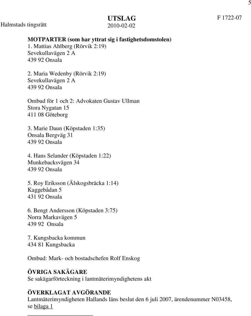 Hans Selander (Köpstaden 1:22) Munkebacksvägen 34 5. Roy Eriksson (Älskogsbräcka 1:14) Kaggebådan 5 431 92 Onsala 6. Bengt Andersson (Köpstaden 3:75) Norra Markavägen 5 7.