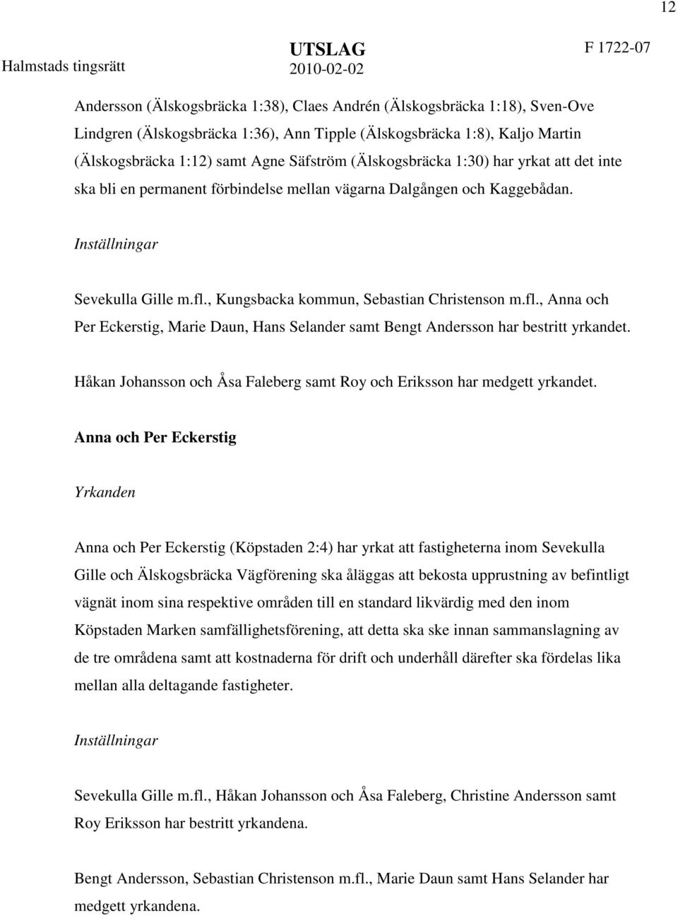 fl., Anna och Per Eckerstig, Marie Daun, Hans Selander samt Bengt Andersson har bestritt yrkandet. Håkan Johansson och Åsa Faleberg samt Roy och Eriksson har medgett yrkandet.