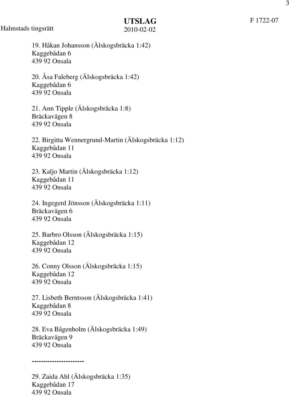 Kaljo Martin (Älskogsbräcka 1:12) Kaggebådan 11 24. Ingegerd Jönsson (Älskogsbräcka 1:11) Bräckavägen 6 25.
