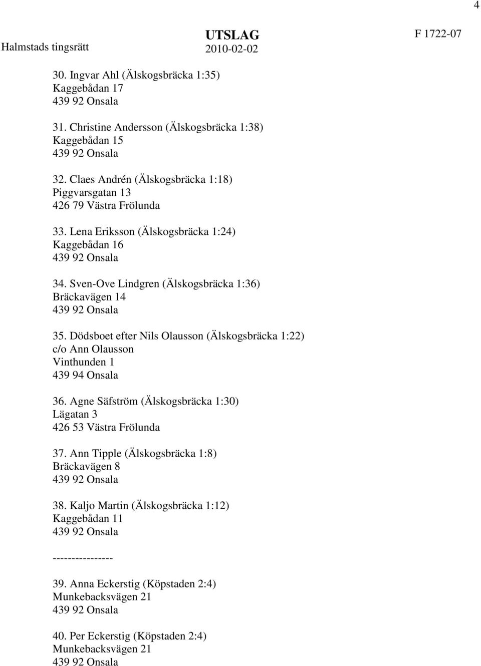 Sven-Ove Lindgren (Älskogsbräcka 1:36) Bräckavägen 14 35. Dödsboet efter Nils Olausson (Älskogsbräcka 1:22) c/o Ann Olausson Vinthunden 1 439 94 Onsala 36.