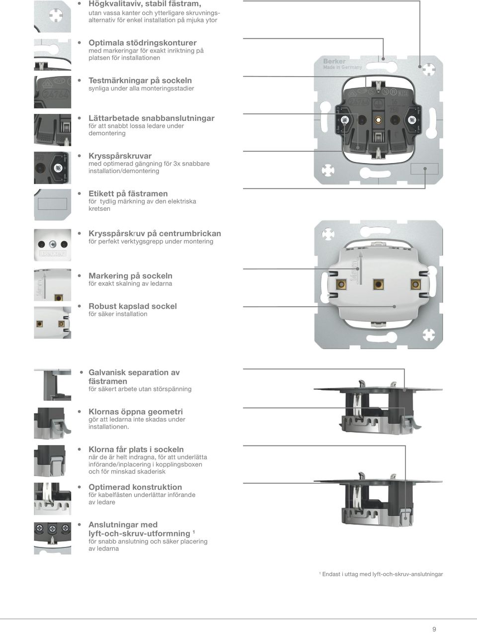 för 3x snabbare installation/demontering Etikett på fästramen för tydlig märkning av den elektriska kretsen Krysspårskruv på centrumbrickan för perfekt verktygsgrepp under montering Markering på