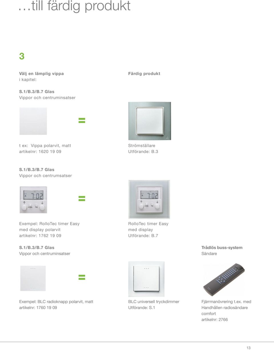 7 Glas Vippor och centrumsatser = Exempel: RolloTec timer Easy RolloTec timer Easy med display polarvit med display artikelnr: 762 9 09 Utförande: B.