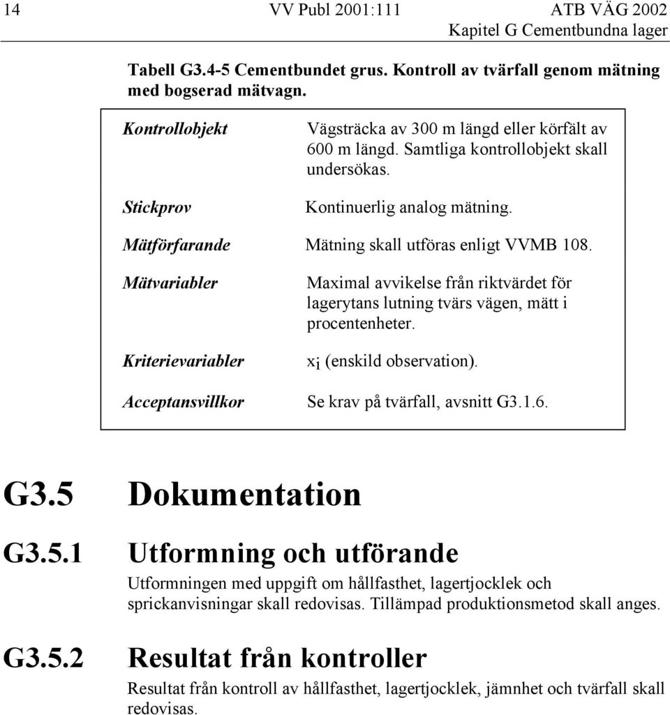 Mätförfarande Mätning skall utföras enligt VVMB 108. Mätvariabler Kriterievariabler Acceptansvillkor Maximal avvikelse från riktvärdet för lagerytans lutning tvärs vägen, mätt i procentenheter.