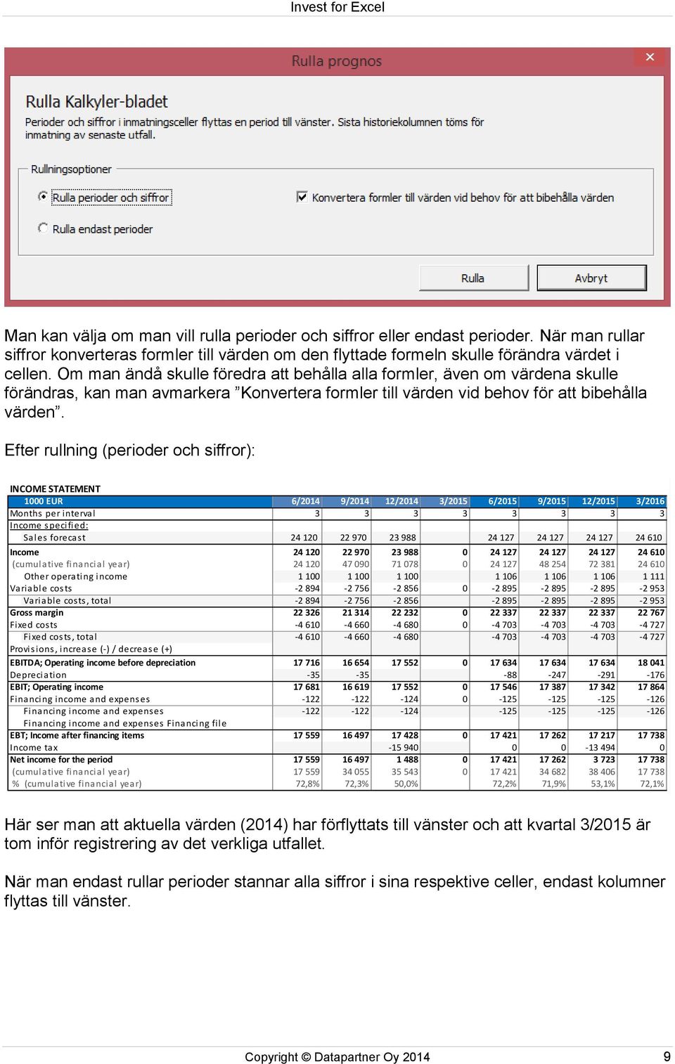 Efter rullning (perioder och siffror): INCOME STATEMENT 1000 EUR 6/2014 9/2014 12/2014 3/2015 6/2015 9/2015 12/2015 3/2016 Months per interval 3 3 3 3 3 3 3 3 Income specified: Sales forecast 24 120