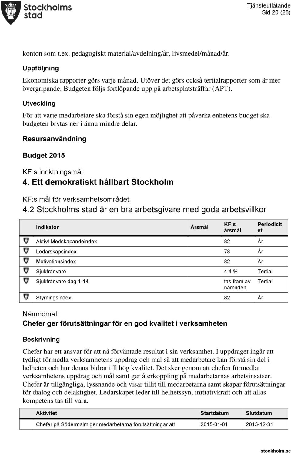 Resursanvändning Budget 2015 KF:s inriktningsmål: 4. Ett demokratiskt hållbart Stockholm KF:s mål för verksamhetsområdet: 4.