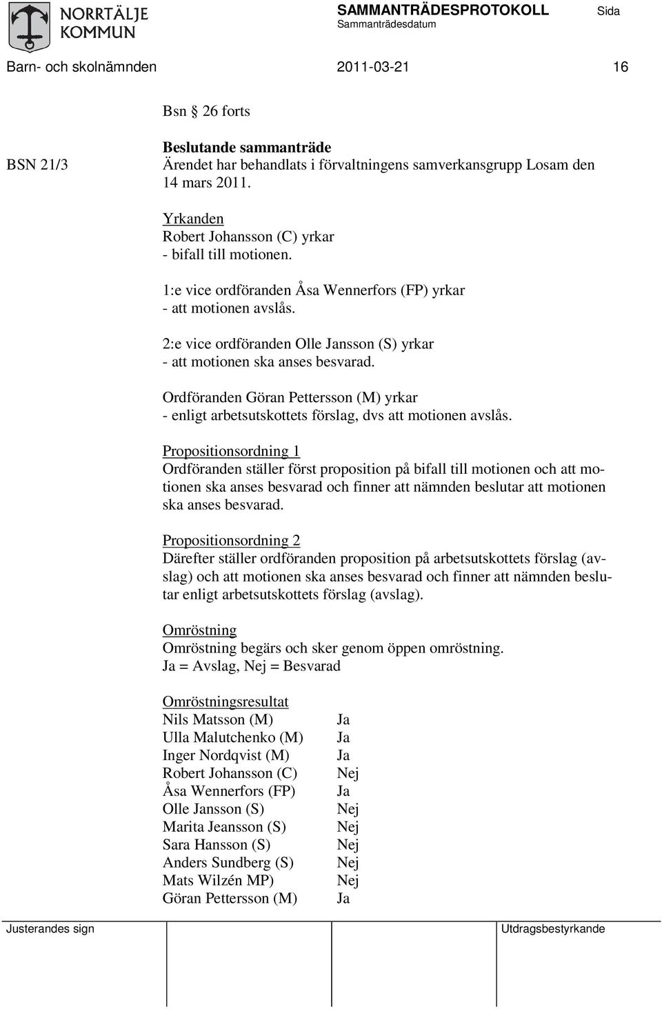 2:e vice ordföranden Olle Jansson (S) yrkar - att motionen ska anses besvarad. Ordföranden Göran Pettersson (M) yrkar - enligt arbetsutskottets förslag, dvs att motionen avslås.