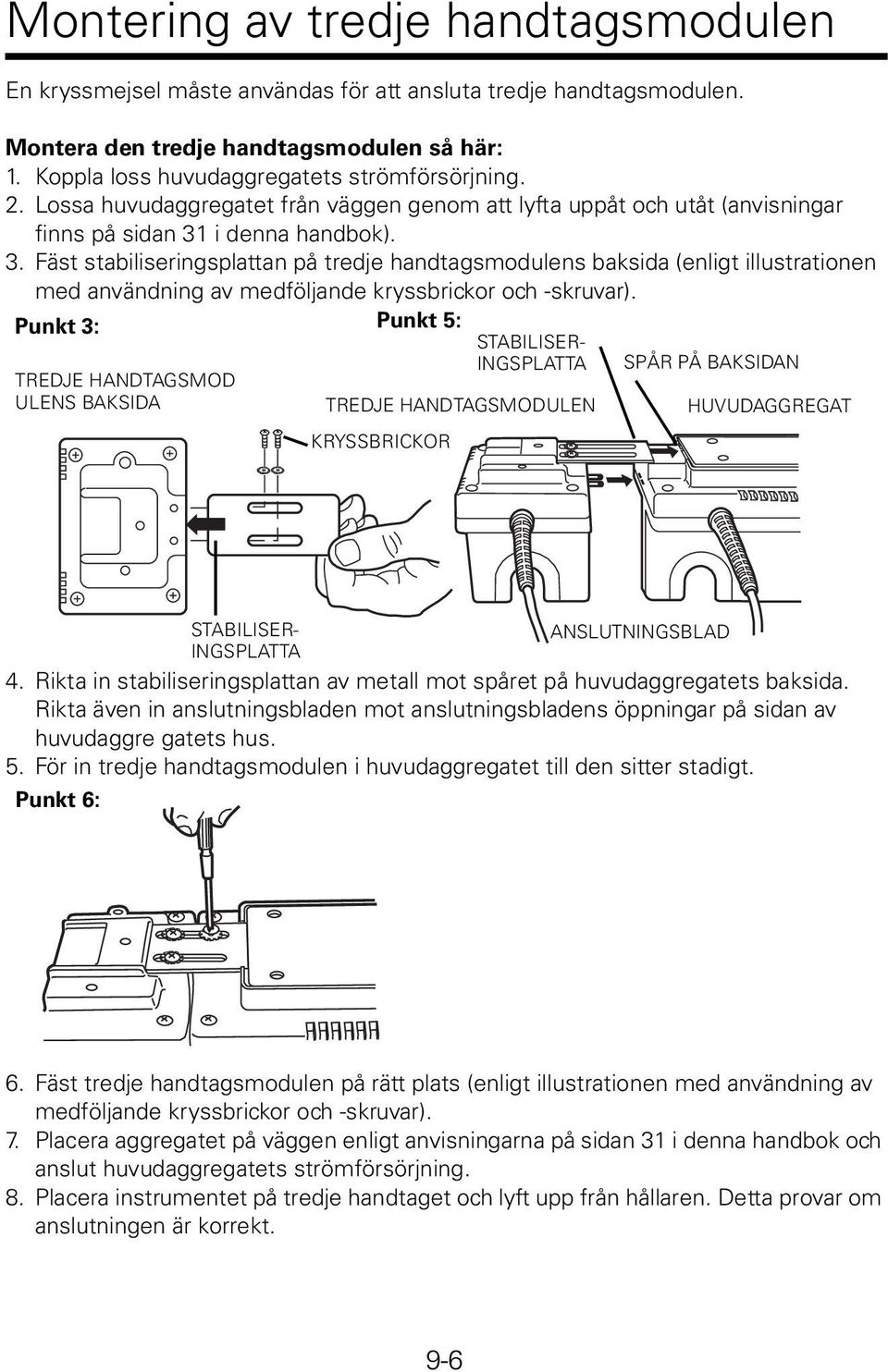 i denna handbok). 3. Fäst stabiliseringsplattan på tredje handtagsmodulens baksida (enligt illustrationen med användning av medföljande kryssbrickor och -skruvar).