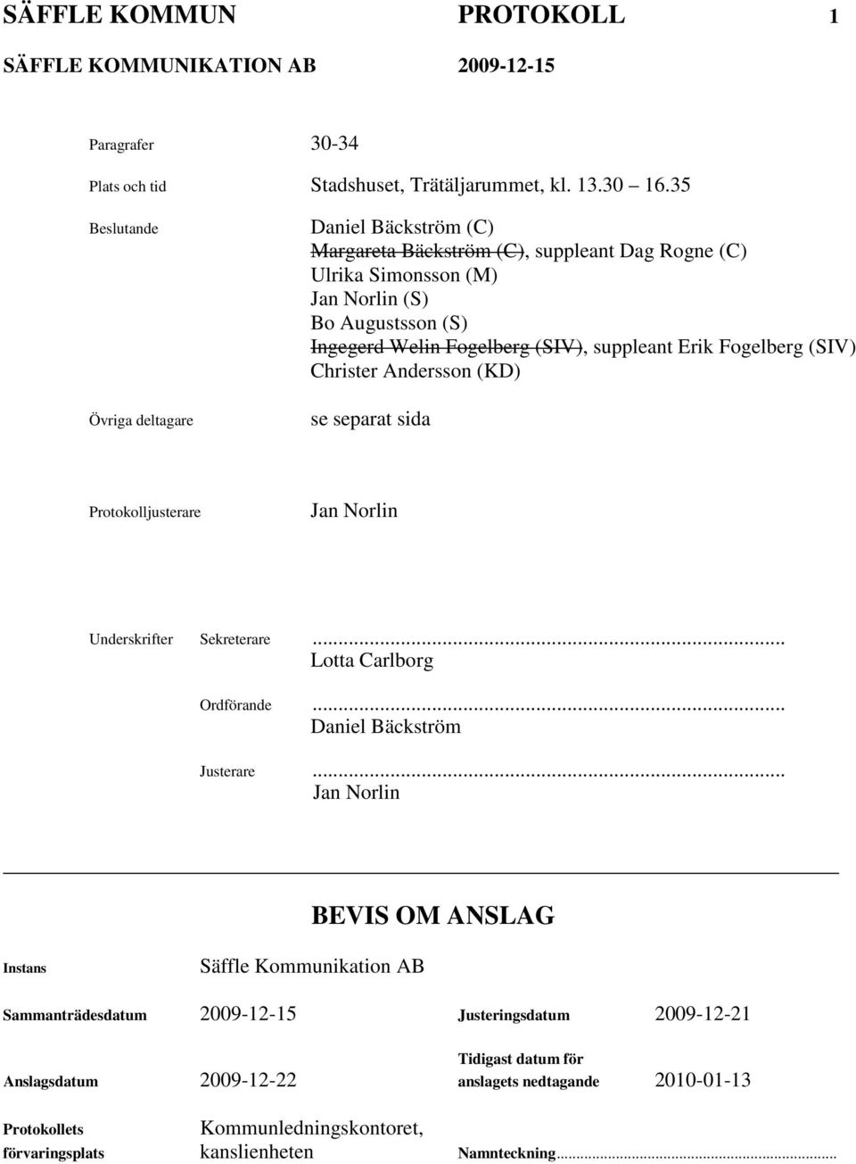 (SIV), suppleant Erik Fogelberg (SIV) Christer Andersson (KD) se separat sida Protokolljusterare Jan Norlin Underskrifter Sekreterare... Lotta Carlborg Ordförande.