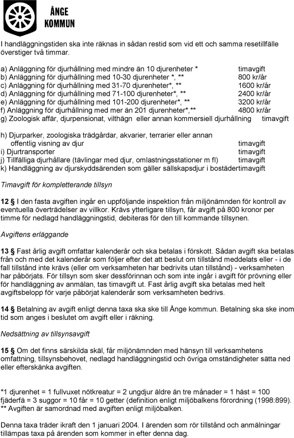 1600 kr/år d) Anläggning för djurhållning med 71-100 djurenheter*, ** 2400 kr/år e) Anläggning för djurhållning med 101-200 djurenheter*, ** 3200 kr/år f) Anläggning för djurhållning med mer än 201