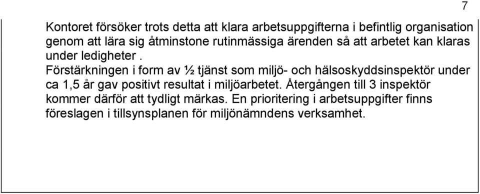 Förstärkningen i form av ½ tjänst som miljö- och hälsoskyddsinspektör under ca 1,5 år gav positivt resultat i
