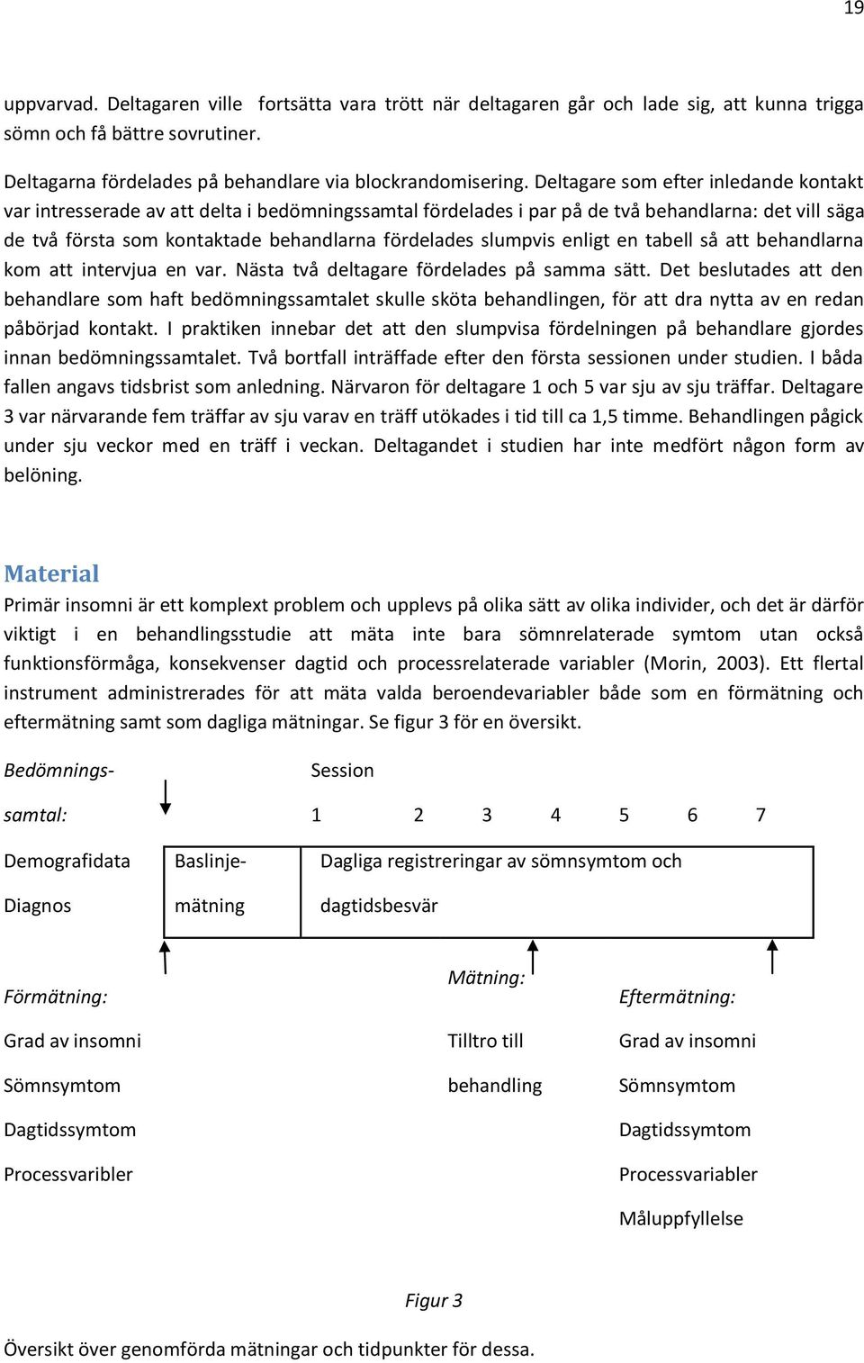 slumpvis enligt en tabell så att behandlarna kom att intervjua en var. Nästa två deltagare fördelades på samma sätt.