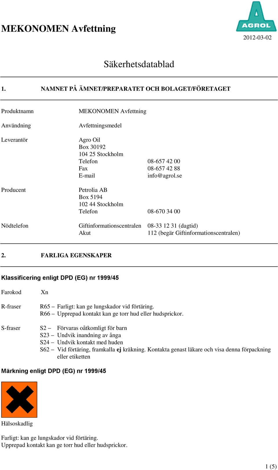 42 88 E-mail info@agrol.se Petrolia AB Box 5194 102 44 Stockholm Telefon 08-670 34 00 Nödtelefon Giftinformationscentralen 08-33 12 31 (dagtid) Akut 112 (begär Giftinformationscentralen) 2.