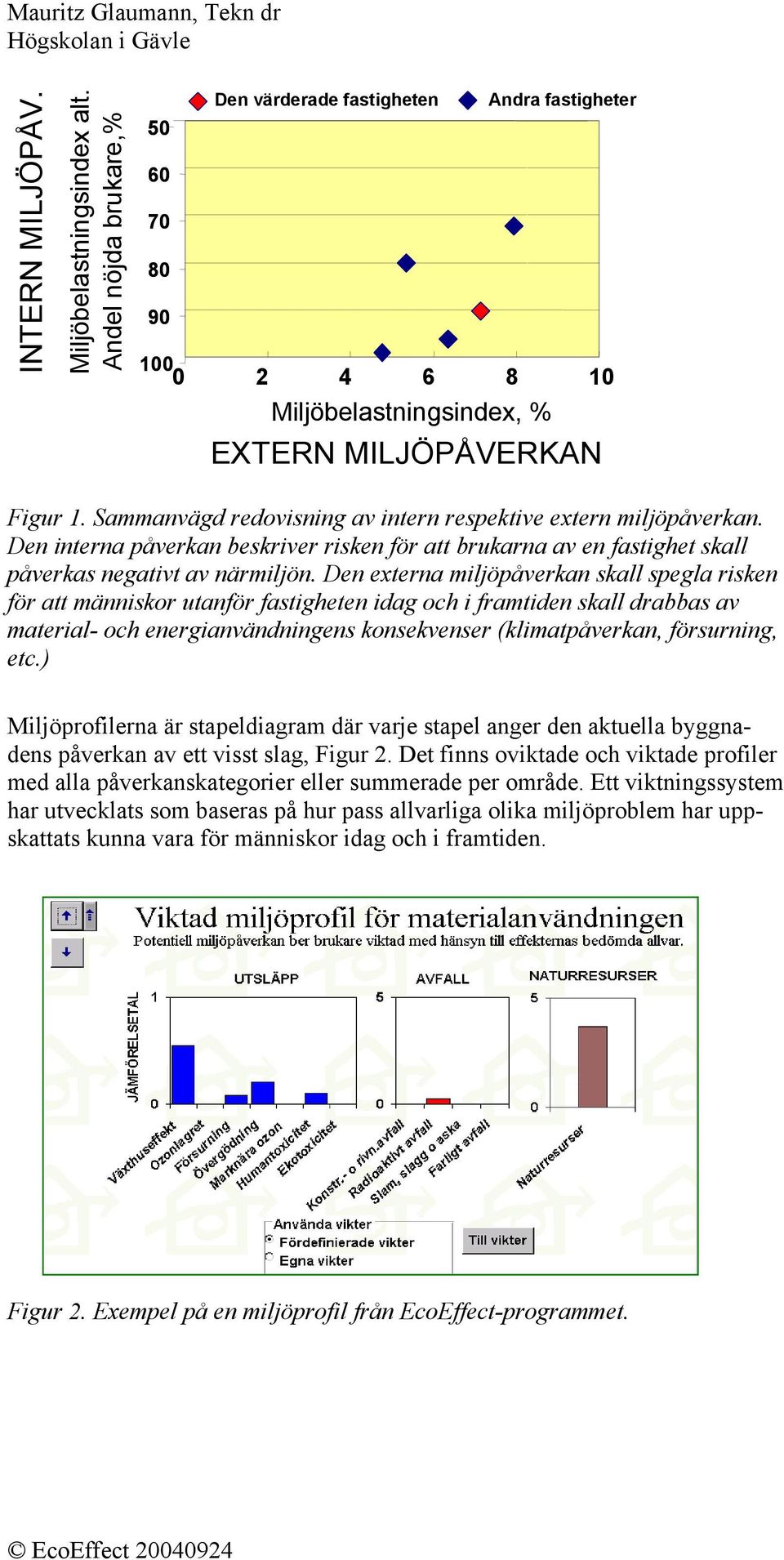 Den externa miljöpåverkan skall spegla risken för att människor utanför fastigheten idag och i framtiden skall drabbas av material- och energianvändningens konsekvenser (klimatpåverkan, försurning,