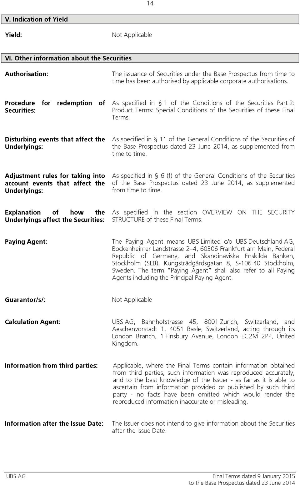 Procedure for redemption of Securities: As specified in 1 of the Conditions of the Securities Part 2: Product Terms: Special Conditions of the Securities of these Final Terms.