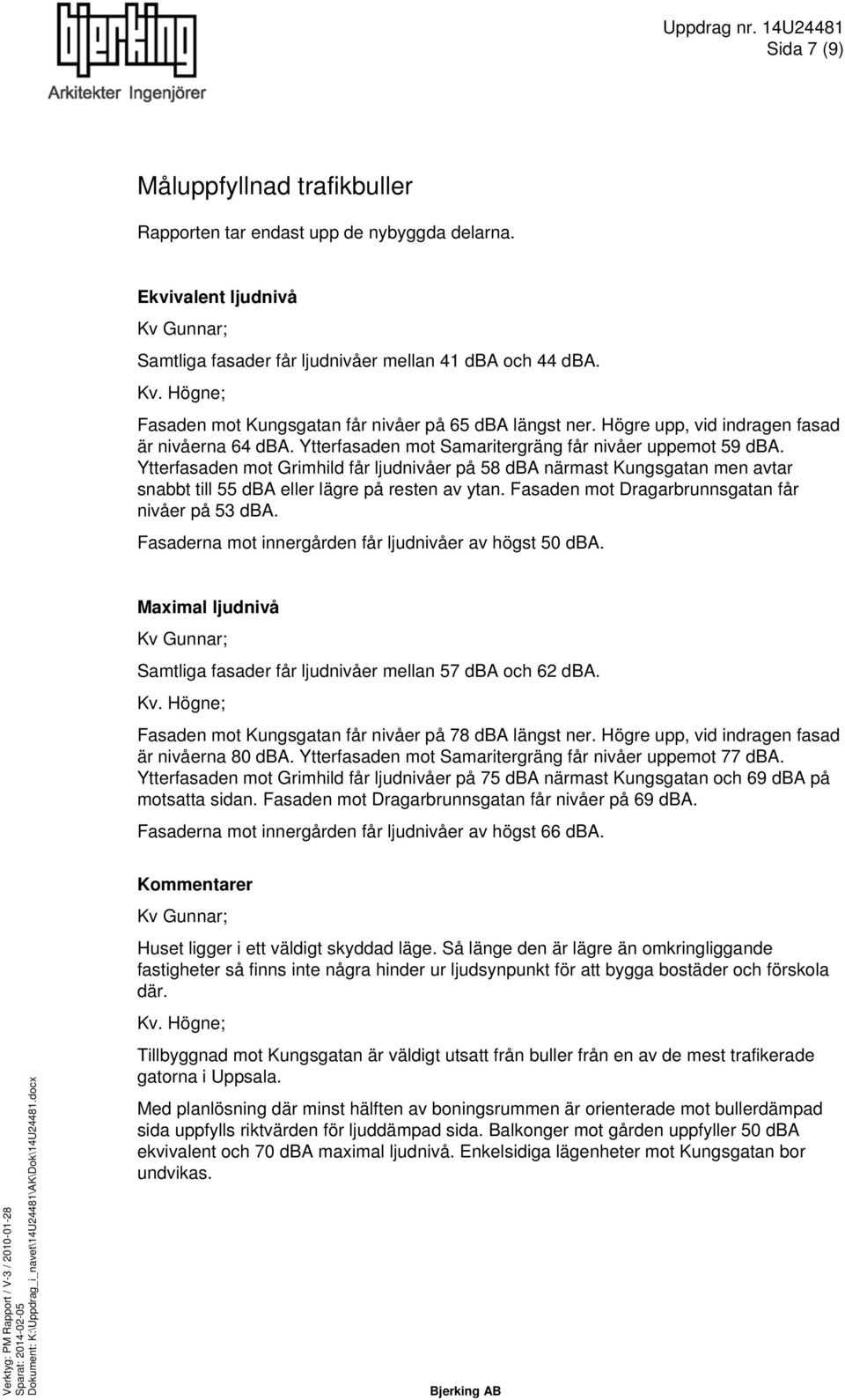 Ytterfasaden mot Grimhild får ljudnivåer på 58 dba närmast Kungsgatan men avtar snabbt till 55 dba eller lägre på resten av ytan. Fasaden mot Dragarbrunnsgatan får nivåer på 53 dba.