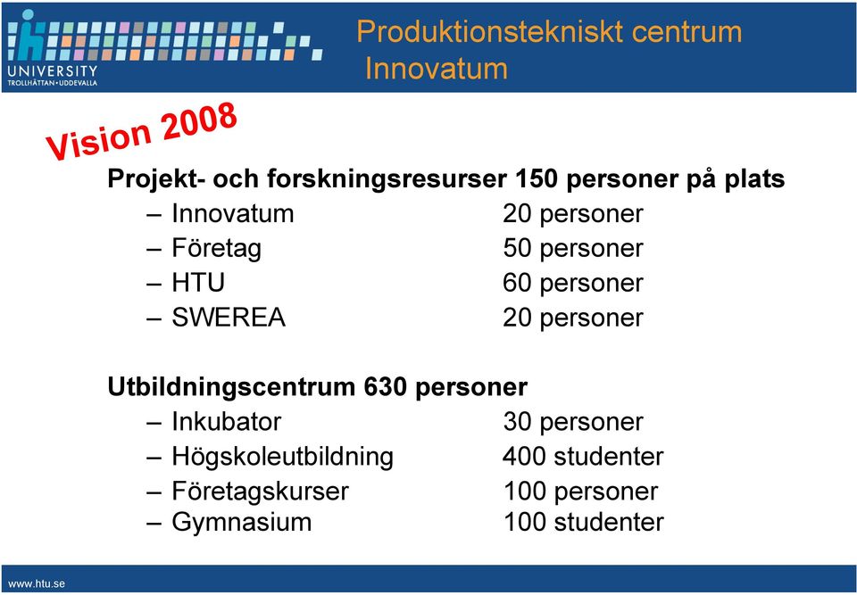 personer HTU 60 personer SWEREA 20 personer Utbildningscentrum 630 personer