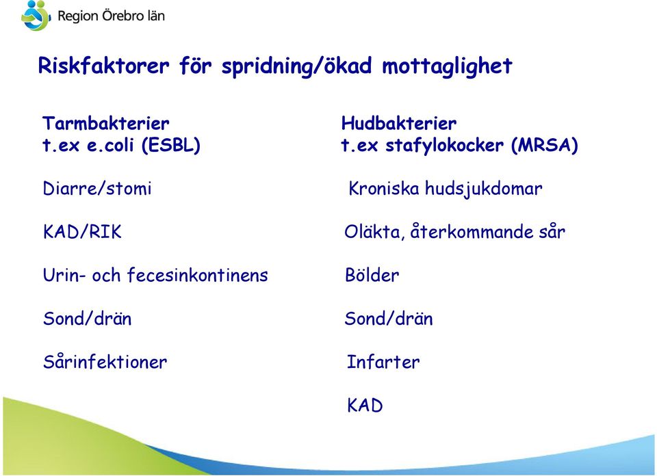 ex stafylokocker (MRSA) Diarre/stomi Kroniska hudsjukdomar KAD/RIK