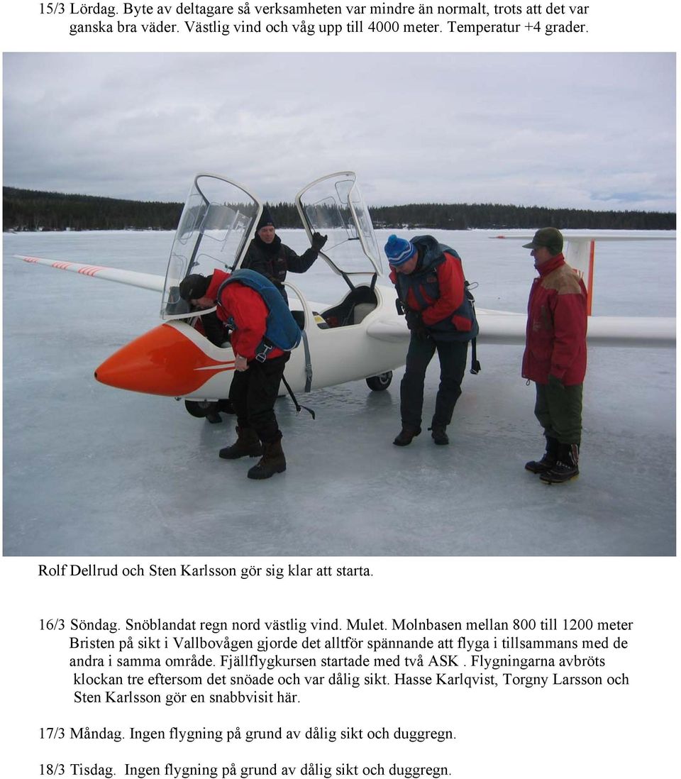 Molnbasen mellan 800 till 1200 meter Bristen på sikt i Vallbovågen gjorde det alltför spännande att flyga i tillsammans med de andra i samma område. Fjällflygkursen startade med två ASK.