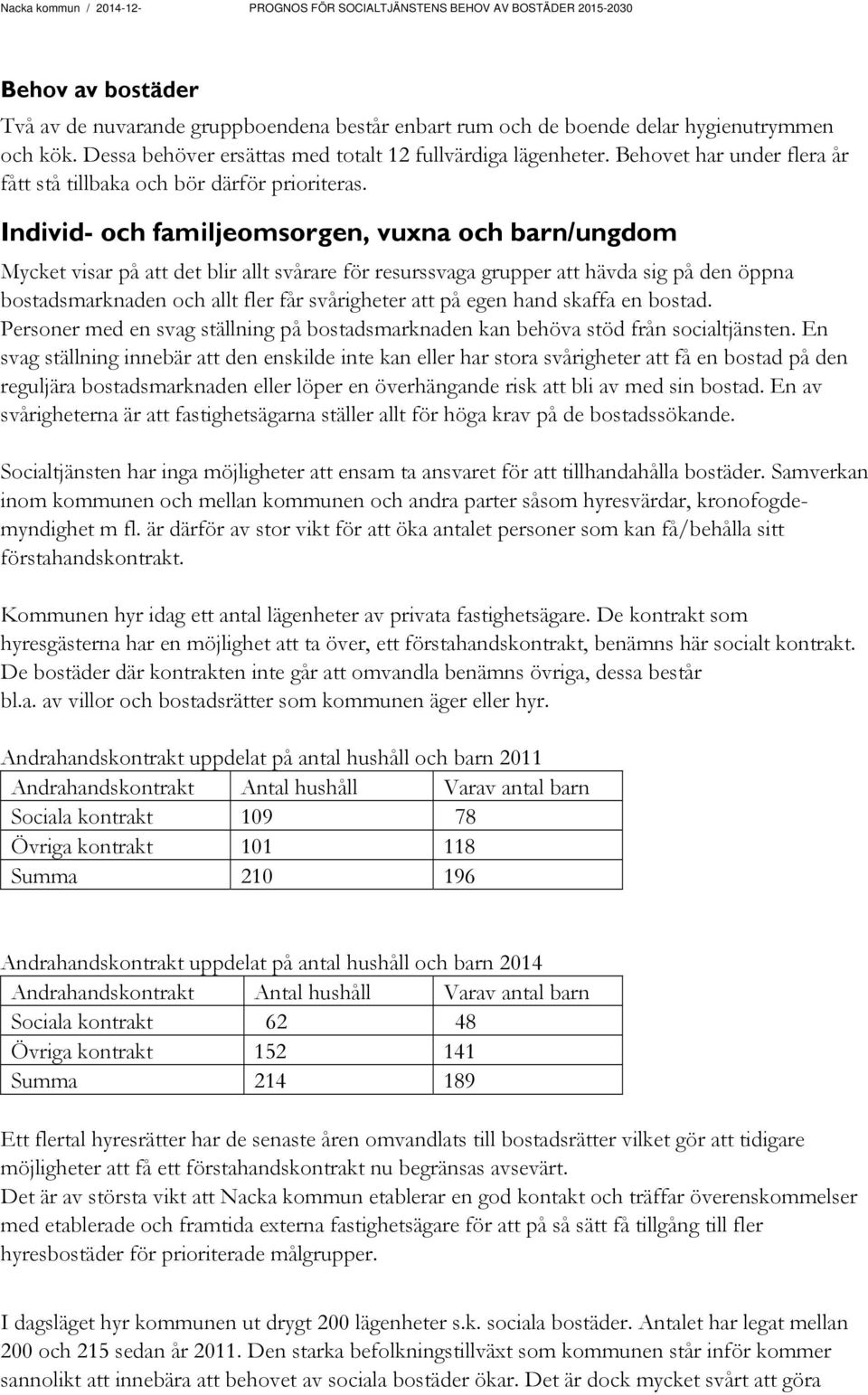 Individ- och familjeomsorgen, vuxna och barn/ungdom Mycket visar på att det blir allt svårare för resurssvaga grupper att hävda sig på den öppna bostadsmarknaden och allt fler får svårigheter att på